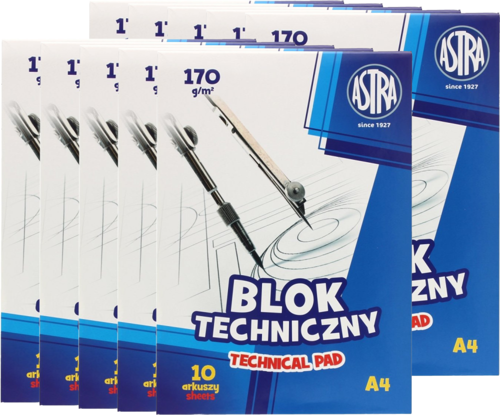 10x Blok techniczny Astra, A4, 10 kartek, biały
