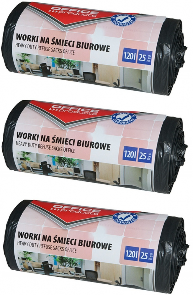 3x Worki na śmieci Office Products, na odpady zmieszane, 120l, 25 sztuk, czarny