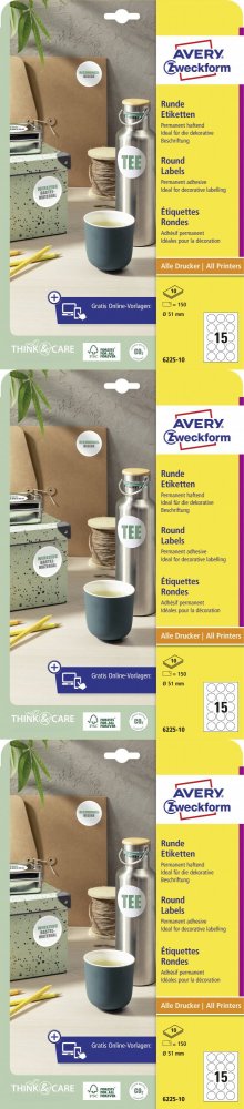 3x Etykiety samoprzylepne Avery Zweckform, okrągłe, średnica 51mm, 10 arkuszy, 150 sztuk, biały