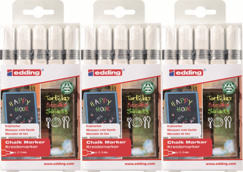 3x Marker kredowy edding 4095, okrągła, 2-3mm, 5 sztuk, biały
