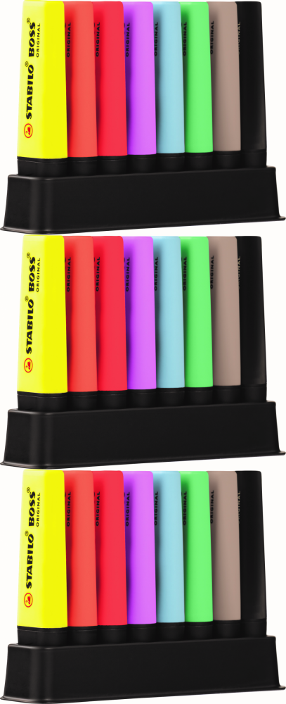 3x Zakreślacz Stabilo Boss Original, ścięta, 8 sztuk, podstawka, mix kolorów