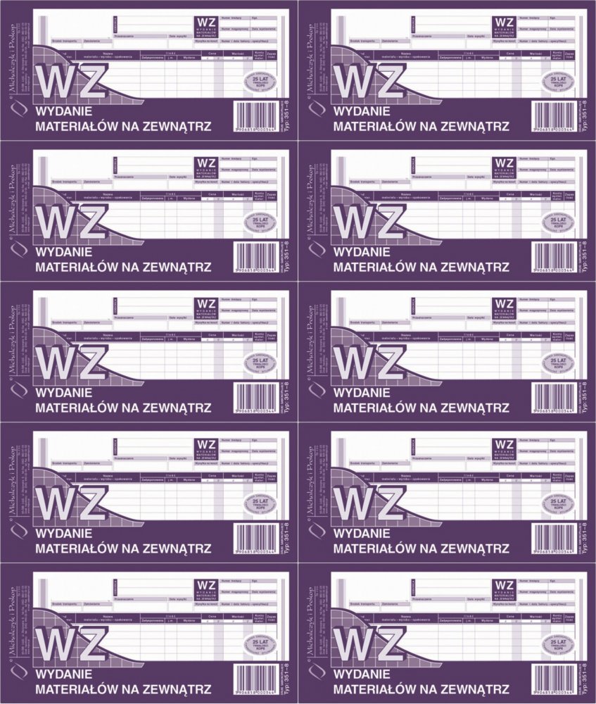 10x Druk akcydensowy WZ Wydanie materiałów na zewnątrz MiP 351-8, 1/3 A4, wielokopia, 80k