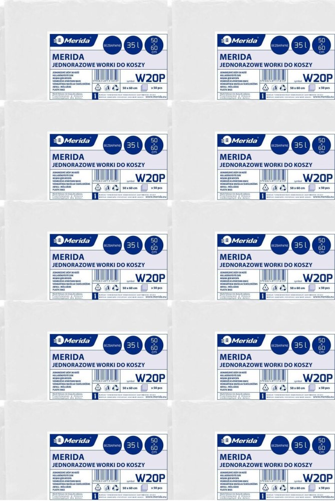 10x Worki na śmieci Merida, na odpady zmieszane, 35l, 50 sztuk, bezbarwny