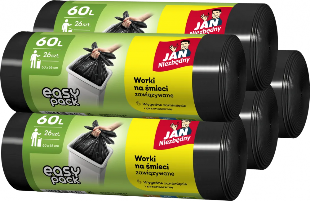 5x Worki na śmieci Jan Niezbędny Easy Pack, na odpady zmieszane, 60l, 26 sztuk, czarny