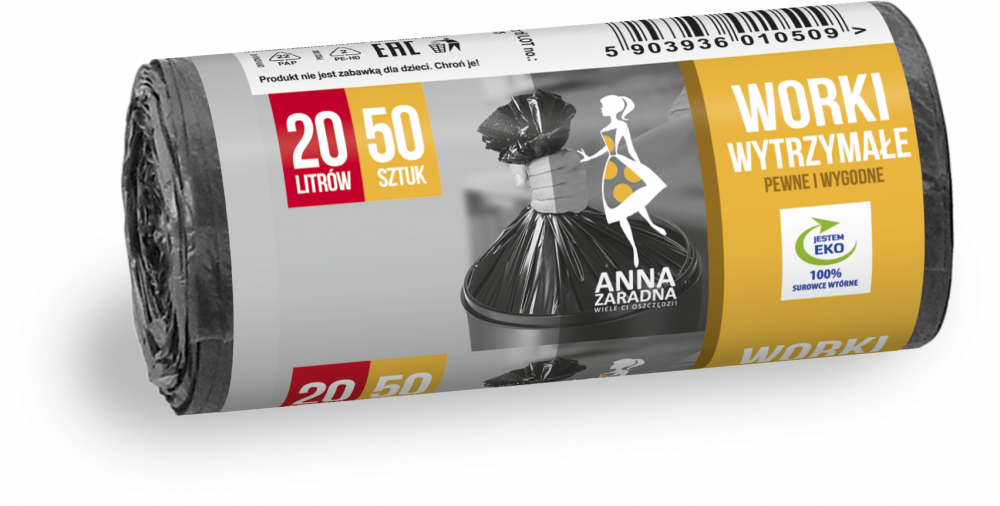 Worki na śmieci Anna Zaradna, wytrzymałe, na odpady zmieszane, 20l, 50 sztuk, czarny