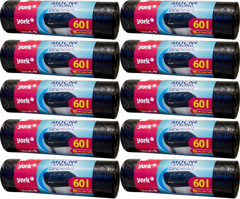 10x Worki na śmieci York Mocne, na odpady zmieszane, 60l, 10 sztuk, czarny