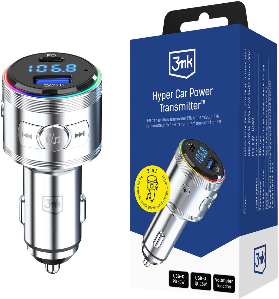 Transmiter samochodowy 3mk Hyper Car Power Transmitter 48W, QC PD PPS, USB-C/USB-A, srebrny
