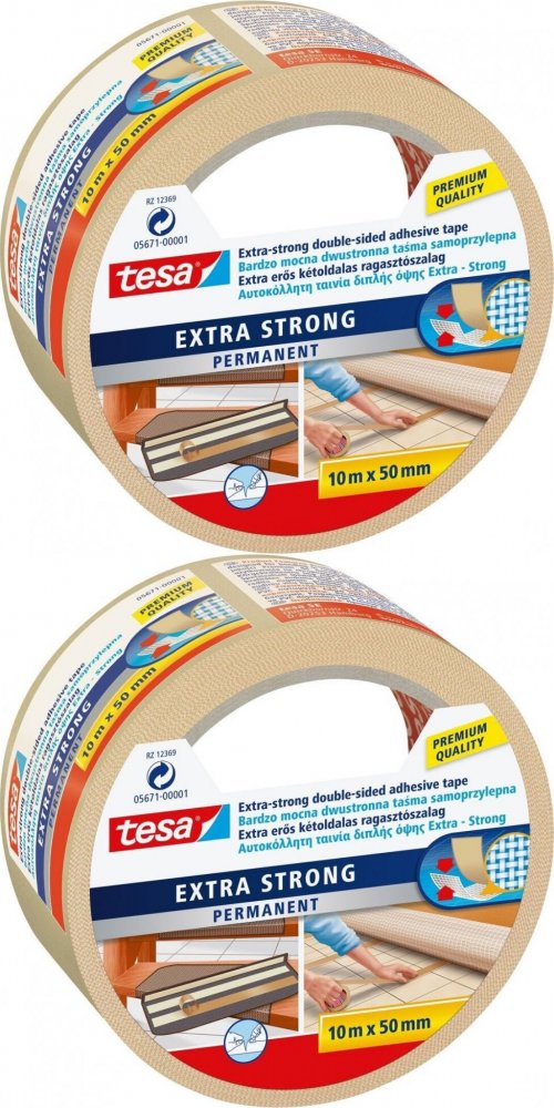 2x Taśma dwustronna Tesa Extra Strong, do wykładzin, 10m x 50mm, biały
