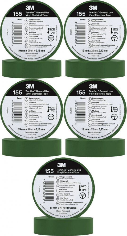 5x Taśma izolacyjna 3M Temflex 155, 19mmx20m, zielony
