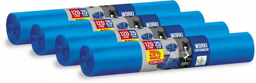 4x Worki na śmieci Anna Zaradna, na odpady zmieszane, ekologiczne, supermocne, 120l, 25 sztuk, niebieski