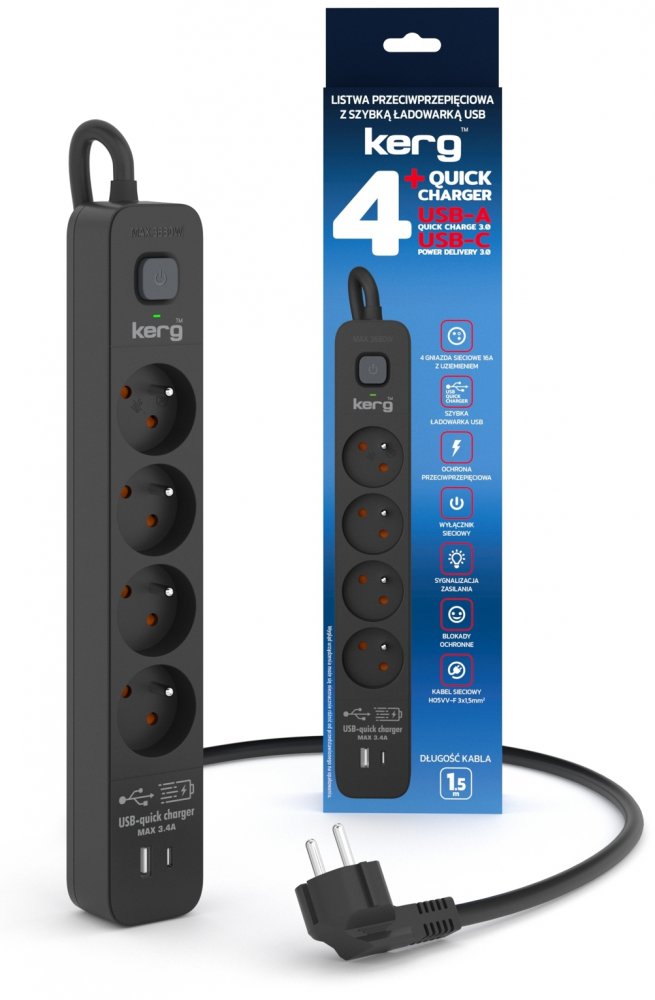 Listwa przeciwprzepięciowa Kerg, 1.5m, 4 gniazda + szybka ładowarka 1xUSB-A/1x USB-C, czarny