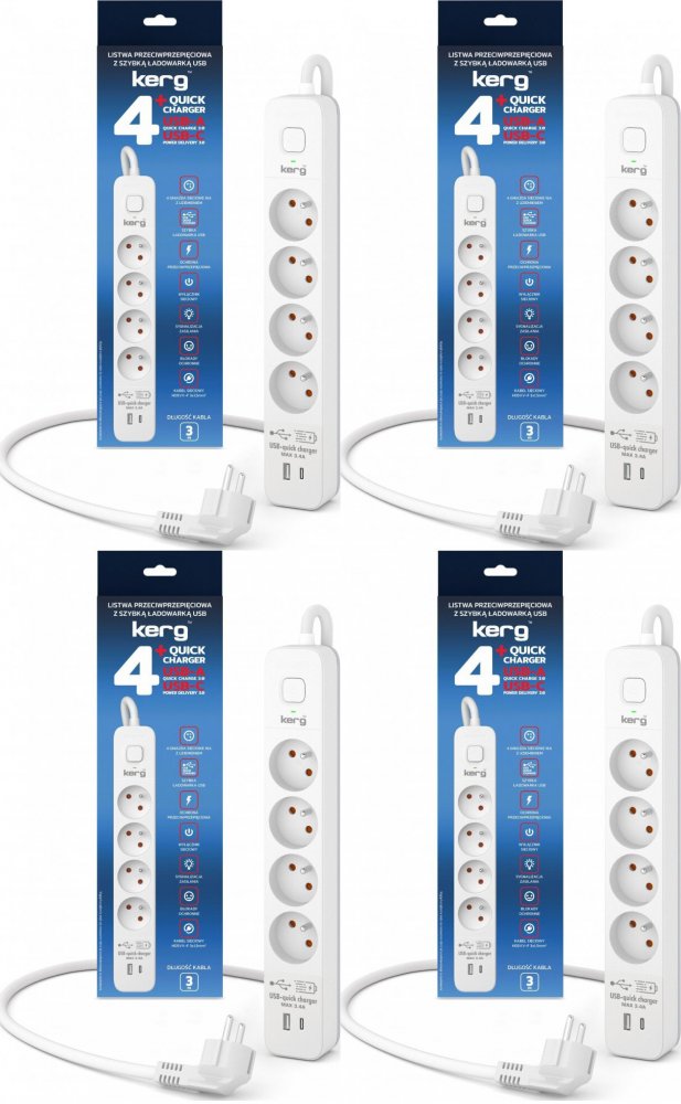 4x Listwa przeciwprzepięciowa Kerg, 3m, 4 gniazda + szybka ładowarka 1xUSB-A/1x USB-C, biało-szary
