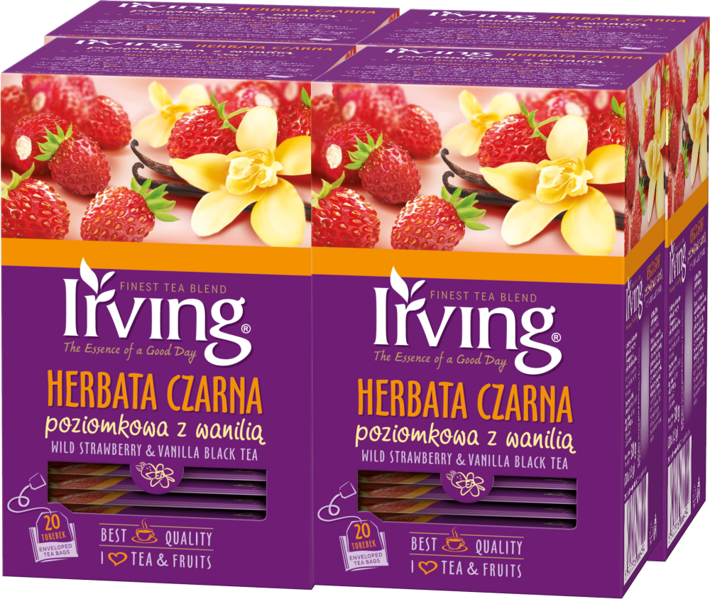 4x Herbata czarna aromatyzowana w kopertach Irving, poziomka z wanilią, 20 sztuk x 1.5g