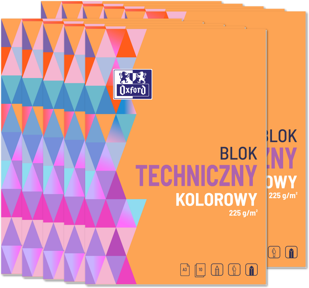 10x Blok techniczny Oxford, A3, 10 kartek, kolorowy, barwiony w masie