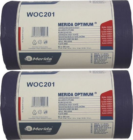 2x Worki na śmieci Merida Optimum, na odpady zmieszane, 70l, 50 sztuk, czarny