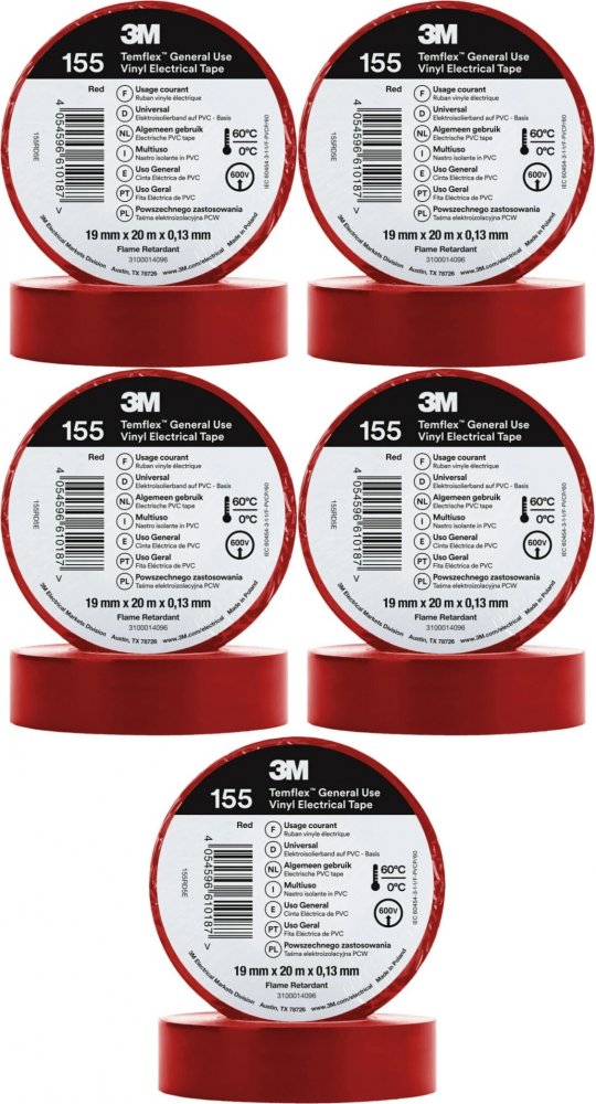 5x Taśma izolacyjna 3M Temflex 155, 19mmx20m, czerwony
