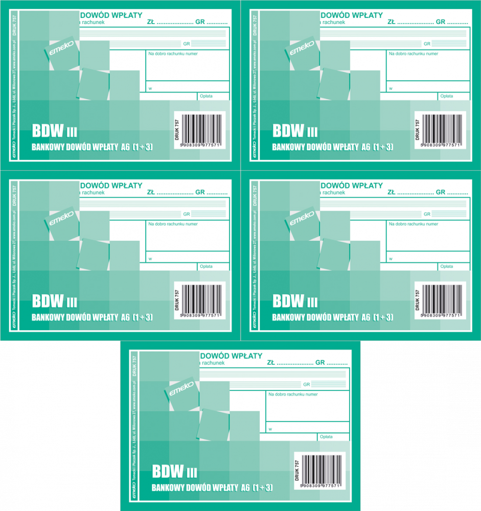 5x Druk akcydensowy Bankowy Dowód Wpłaty Emeko BDW IV druk 757, A6, samokopiujący 1+3, 80k