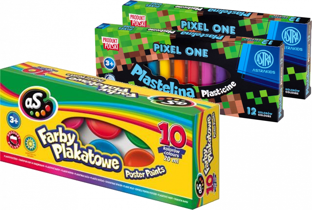Zestaw: 2x Plastelina Astra Astrakids Pixel One, 12 kolorów + Farby plakatowe Astra AS, 20ml, 10 sztuk, mix kolorów