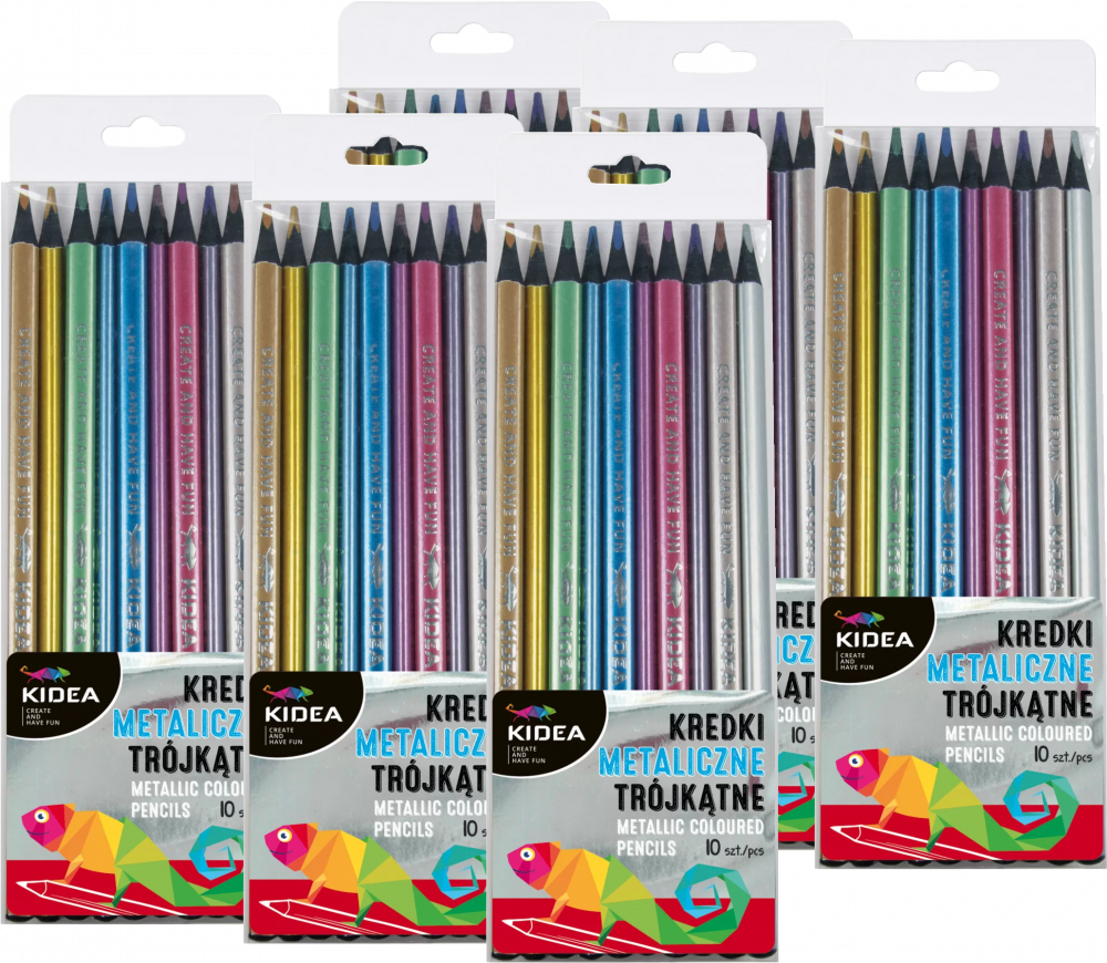 6x Kredki ołówkowe Kidea, trójkątne, 10 sztuk, mix kolorów metalicznych