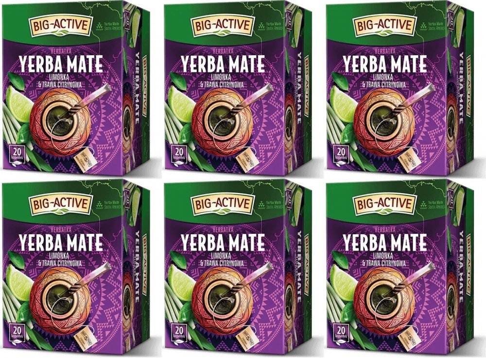 6x Herbata Yerba Mate w kopertach Big Active, ziołowa, limonka i trawa cytrynowa, 20 sztuk x 1.5g