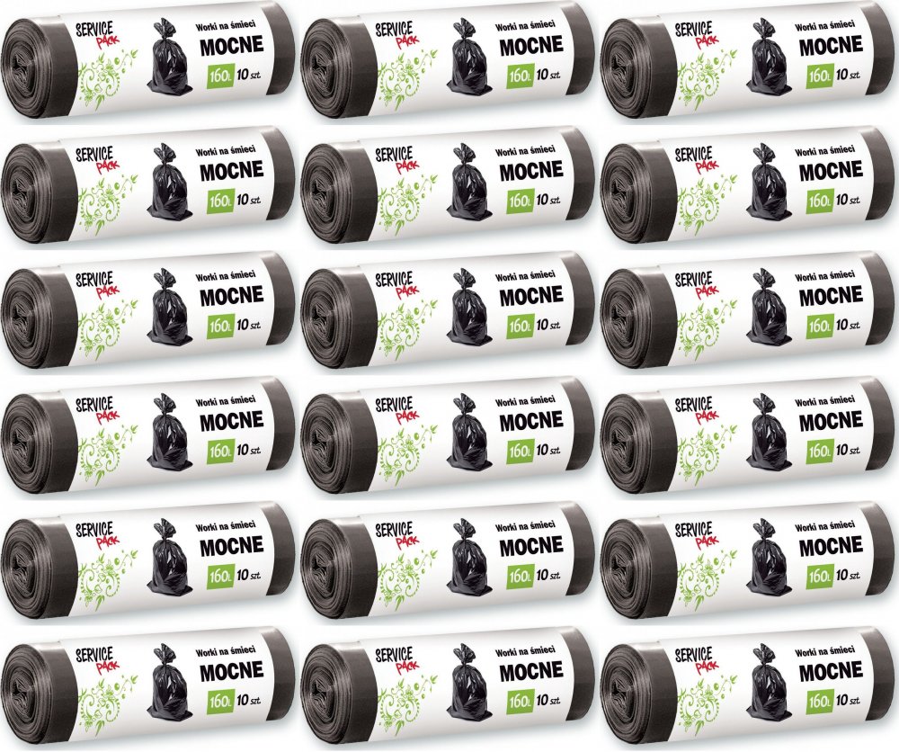 18x Worki na śmieci Service Pack, mocne, na odpady zmieszane, 160l, 10 sztuk, czarny