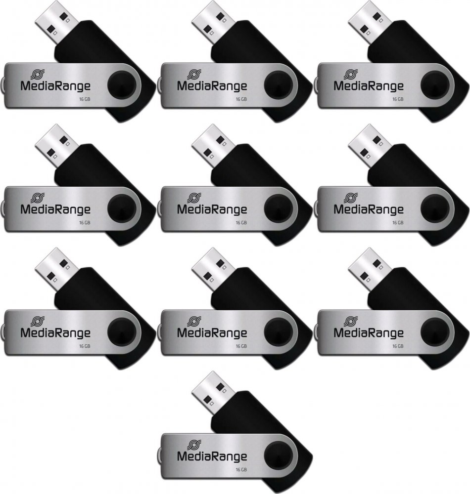 10x Pendrive MediaRange, 16GB, obracany, USB 2.0, srebrno-czarny