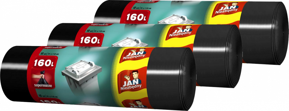 3x Worki na śmieci Jan Niezbędny, na odpady zmieszane, 160l, 10 sztuk, czarny