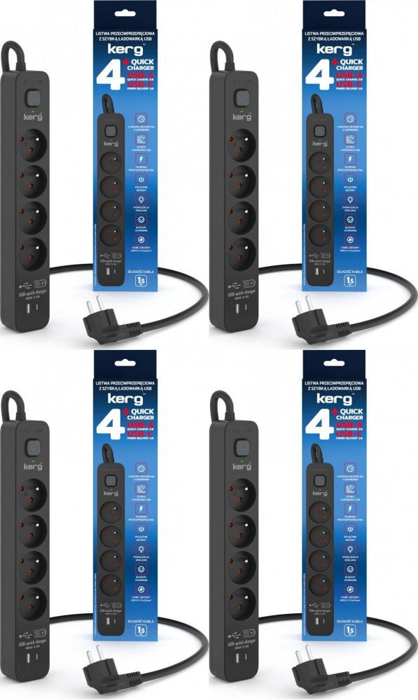 4x Listwa przeciwprzepięciowa Kerg, 1.5m, 4 gniazda + szybka ładowarka 1xUSB-A/1x USB-C, czarny