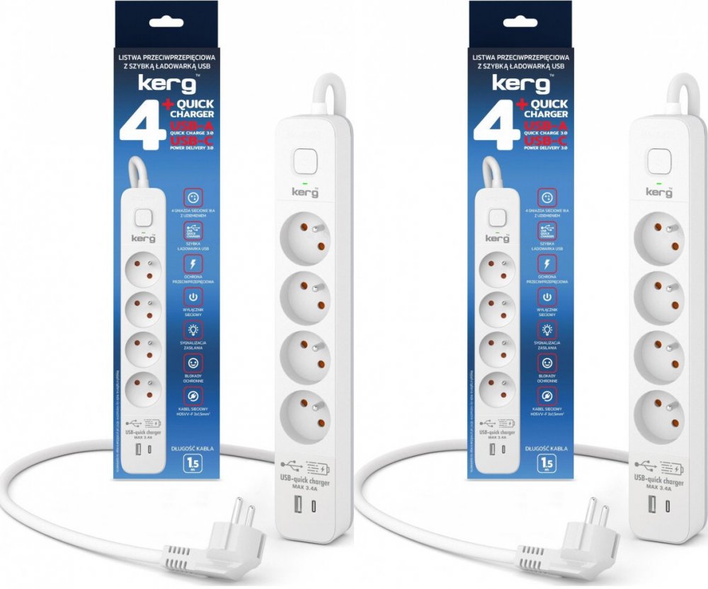 2x Listwa przeciwprzepięciowa Kerg, 1.5m, 4 gniazda + szybka ładowarka 1xUSB-A/1x USB-C, biało-szary