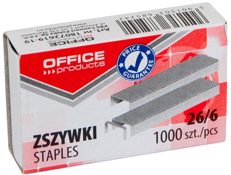 Zszywki Office Products 26/6, 1000 sztuk, srebrny