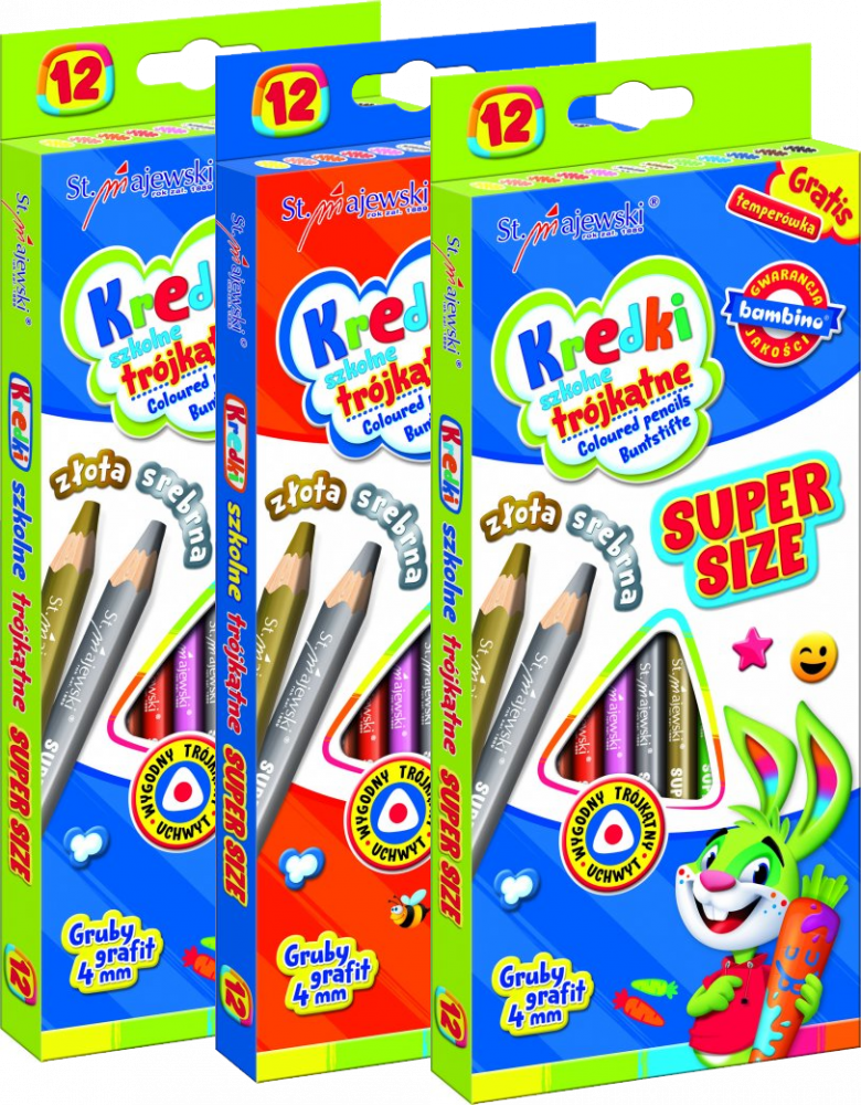 3x Kredki Bambino Super Size Zwierzaki Uczniaki, trójkątne, 12 sztuk + temperówka, mix kolorów