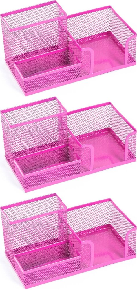 3x Przybornik na biurko Leviatan, metalowy (druciany), 3 przegrody, 205x103x98mm, różowy