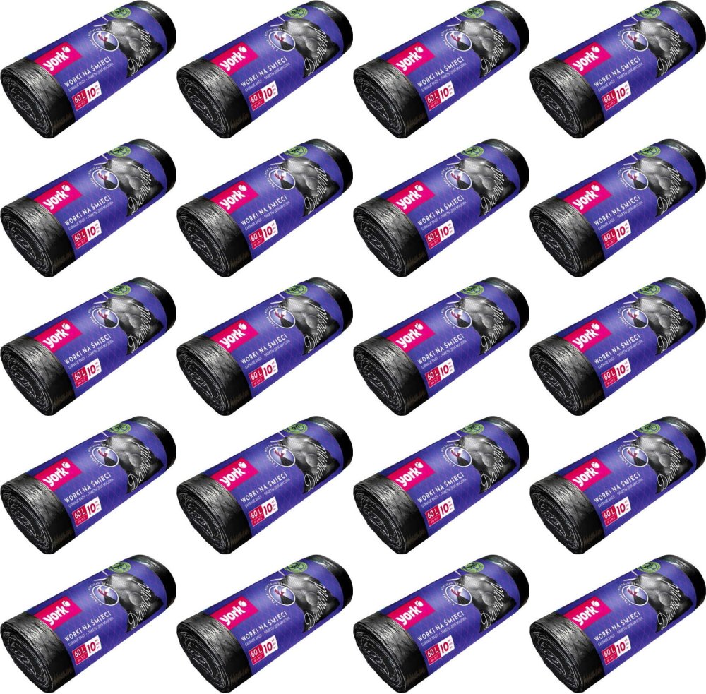 20x Worki na śmieci York Diamond, z taśmą, na odpady zmieszane, 60l, 10 sztuk, czarny