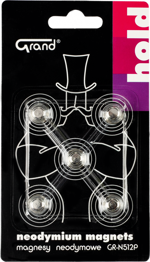 Magnesy neodymowe Grand GR-N512P, z uchwytem, 12mm, 5 sztuk, srebrny