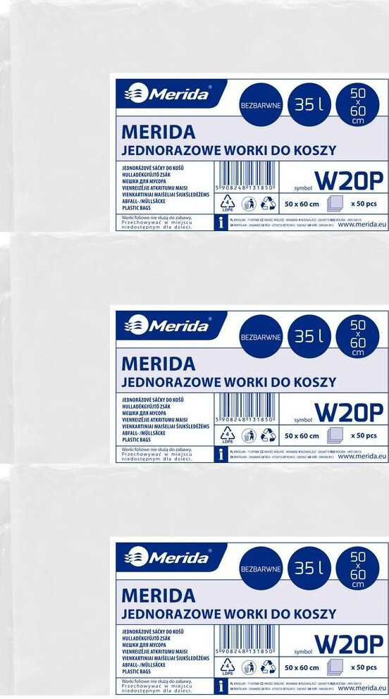 3x Worki na śmieci Merida, na odpady zmieszane, 35l, 50 sztuk, bezbarwny