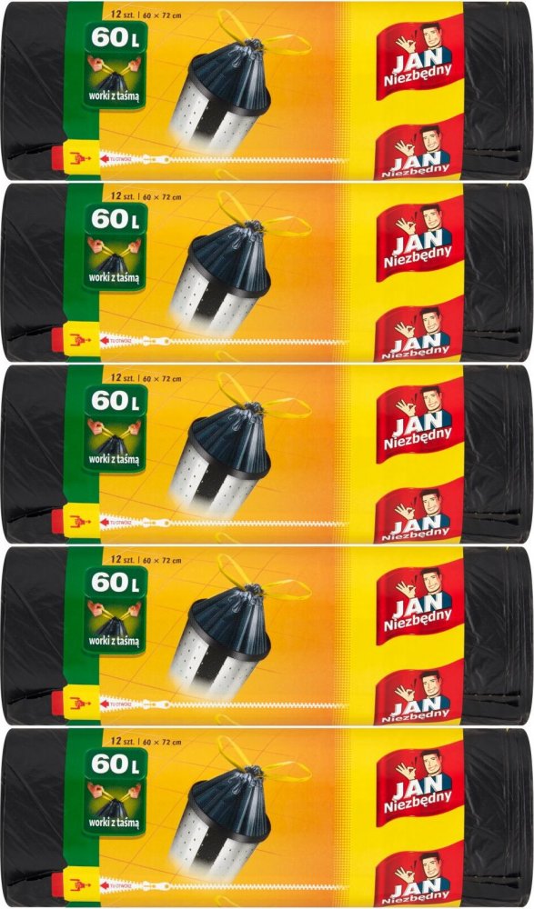 5x Worki na śmieci Jan Niezbędny, z taśmą, na odpady zmieszane, 60l, 12 sztuk, czarny