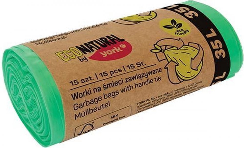 Worki na śmieci Eco Natural by York, na odpady zmieszane, 35l, 15 sztuk, zielony