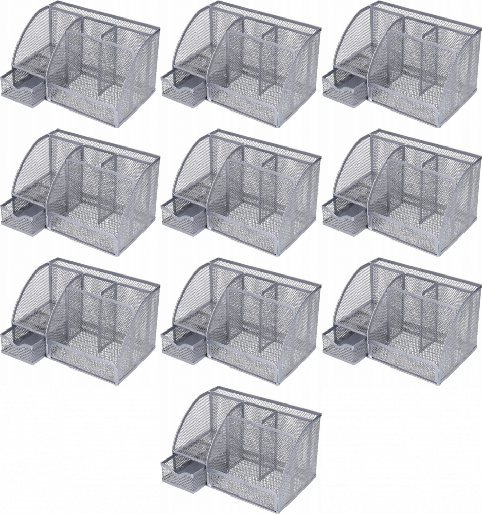 10x Przybornik na biurko Net, 6 przegród, 22x14x13 cm, srebrny