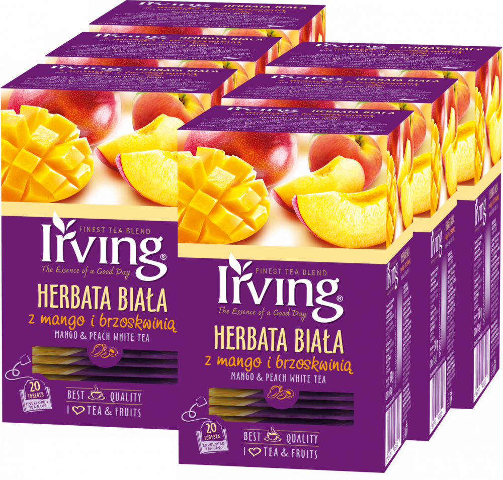 6x Herbata biała smakowa w kopertach Irving, mango z brzoskwinią, 20 sztuk x 1.5g