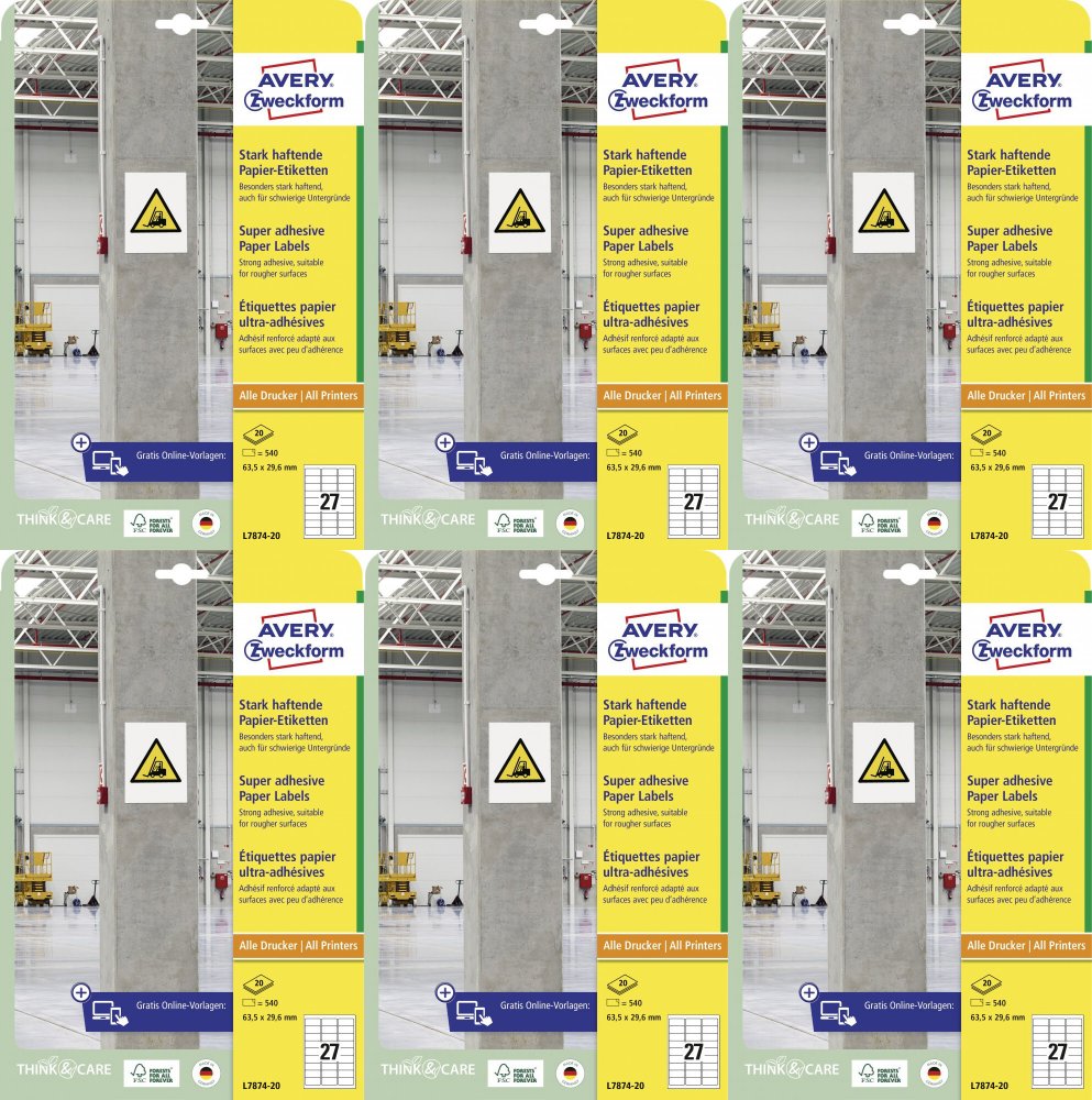 6x Etykiety papierowe do trudnych powierzchni Avery Zweckform, 63.5x29.6mm, 20 arkuszy, biały