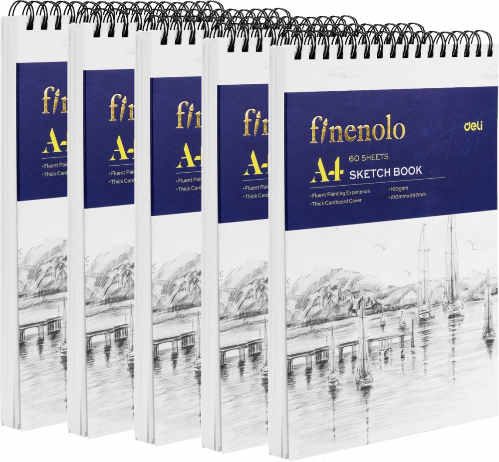 5x Szkicownik Deli Finenolo, na spirali, A4, 60 kartek, biały