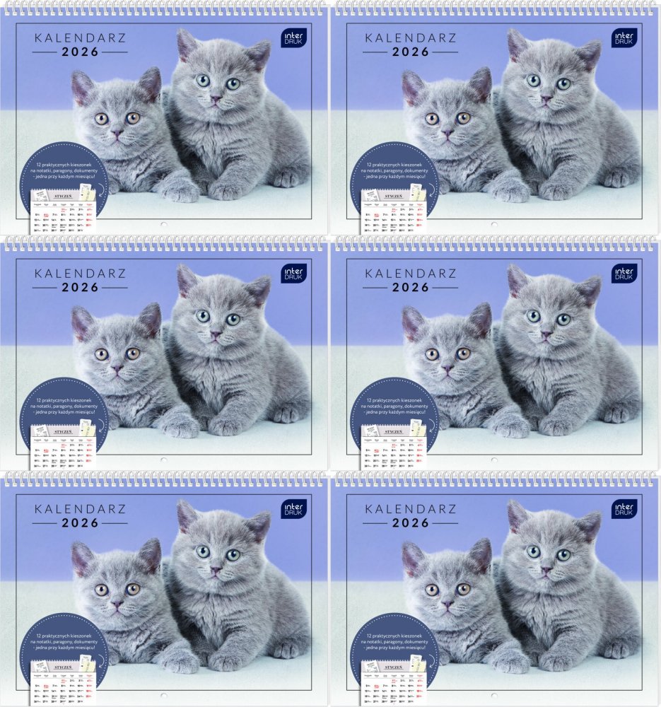 6x Kalendarz ścienny 2026, Interdruk, z kieszonką, 25x17.5cm, miesięczny, Zwierzaki