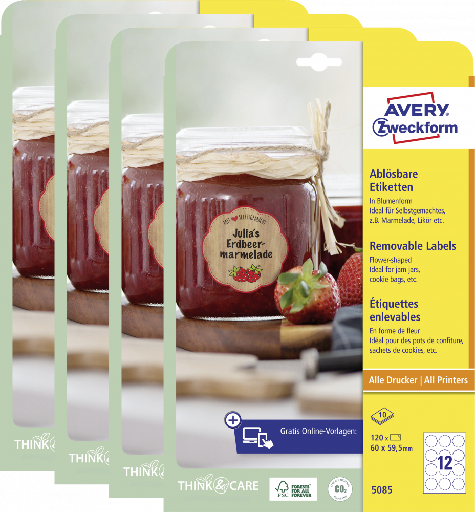 4x Etykiety usuwalne na słoiki Avery Zweckform, 60x59.5mm, 10 arkuszy, kształt kwiatu, biały