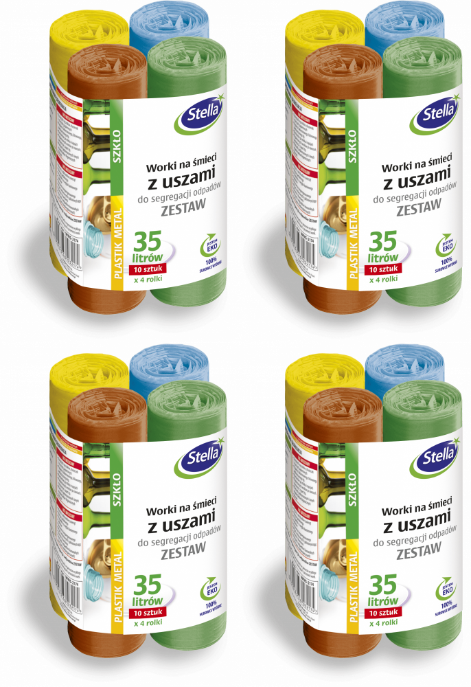 4x Worki na śmieci Stella, na odpady BIO/papier/szkło/plastik, 35l, 4x10 sztuk, mix kolorów