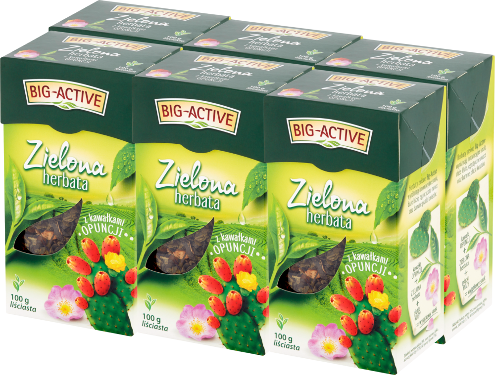 6x Herbata zielona smakowa liściasta Big-Active, z kawałkami opuncji, 100g