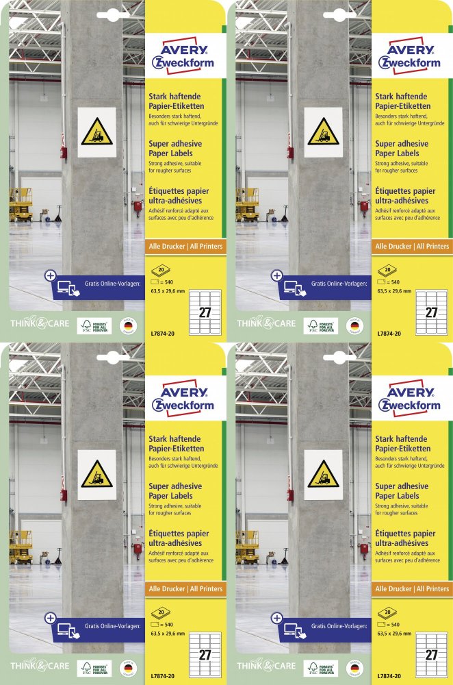 4x Etykiety papierowe do trudnych powierzchni Avery Zweckform, 63.5x29.6mm, 20 arkuszy, biały