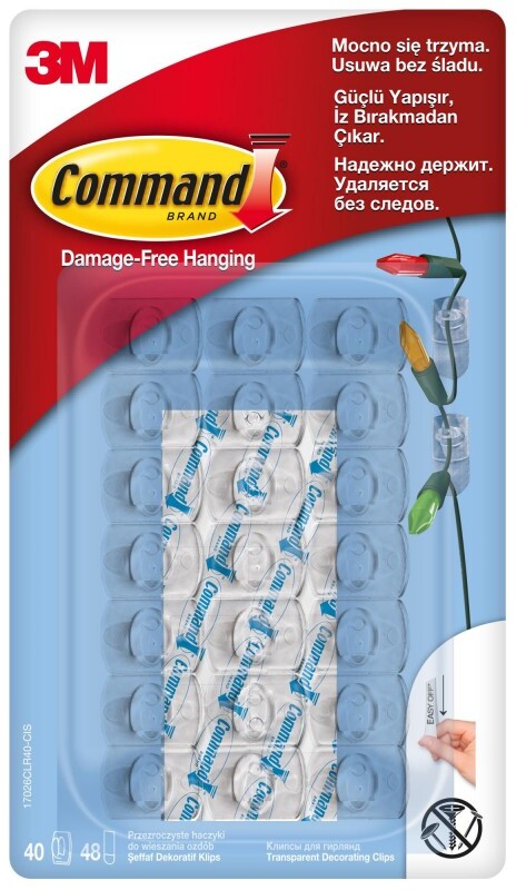 Haczyki do wieszania ozdób Command, 40 sztuk + 48 pasków, transparentny