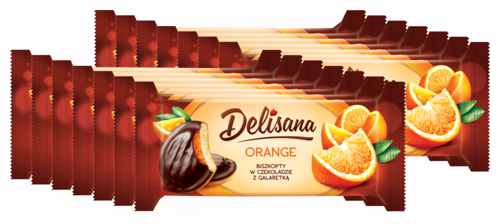 14x Biszkopty w czekoladzie Delicpol Delisana, z galaretką pomarańczową, 135g