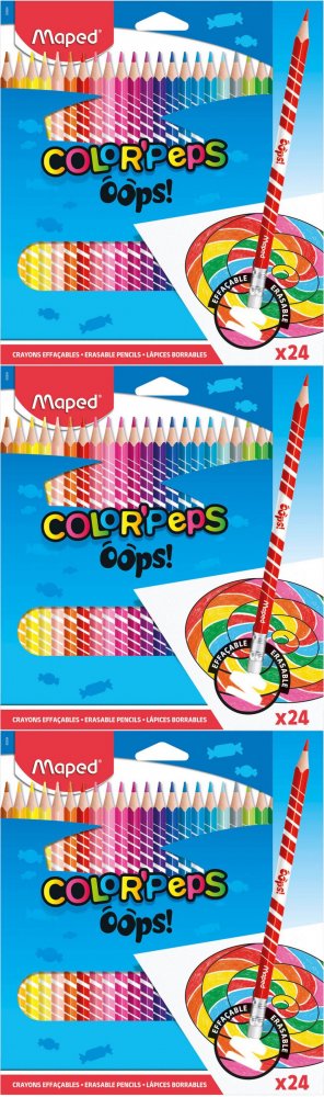 3x Kredki ołówkowe trójkątne Maped Color'Peps Oops, z gumką, 24 sztuki, mx kolorów