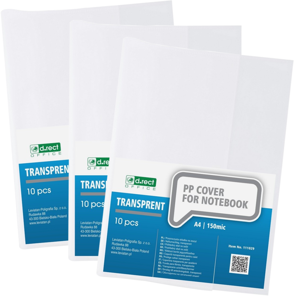 3x Okładka na zeszyt D.Rect, A4, 150mic, 10 sztuk, przezroczysty